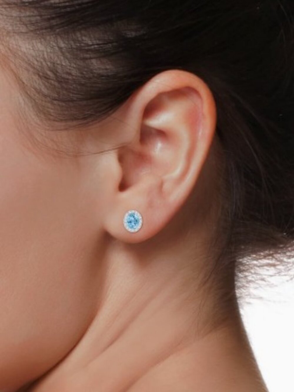 Prong-Set Oval Swiss Blue Topaz Stud Earrings with Diamond Halo
